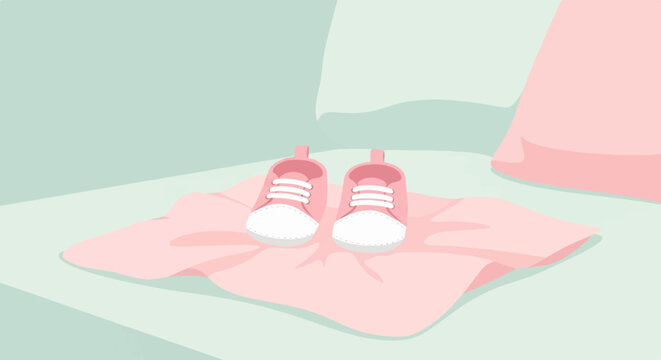 Soft pink baby booties resting on a pastel pink blanket, mint background
