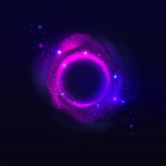 Obraz premium Purple neon halo circle with smoke, sparks and rays, glowing sphere with bright luminous in alien galaxy vector design