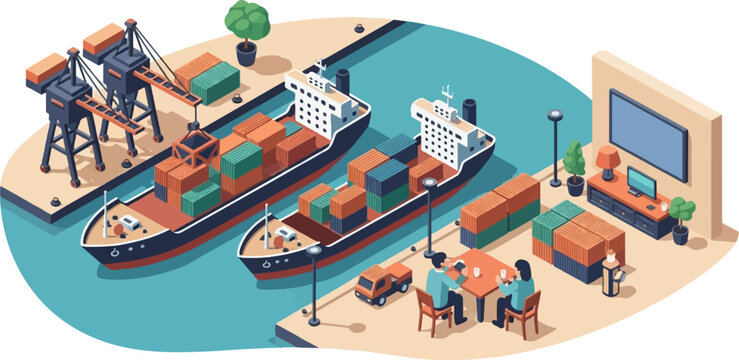 Ships with cargo containers, cranes, and a waterfront cafe
