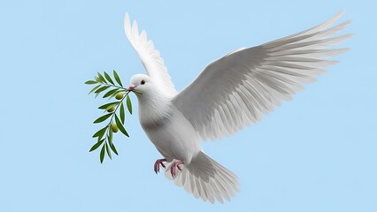 Obraz premium White Dove Flying with Olive Branch in Blue Sky