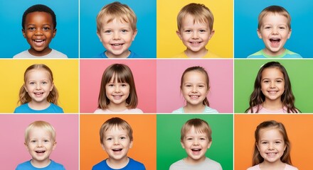 Joyful Faces of Diverse Children with Bright Backgrounds in High Resolution Collage of Smiling Kids