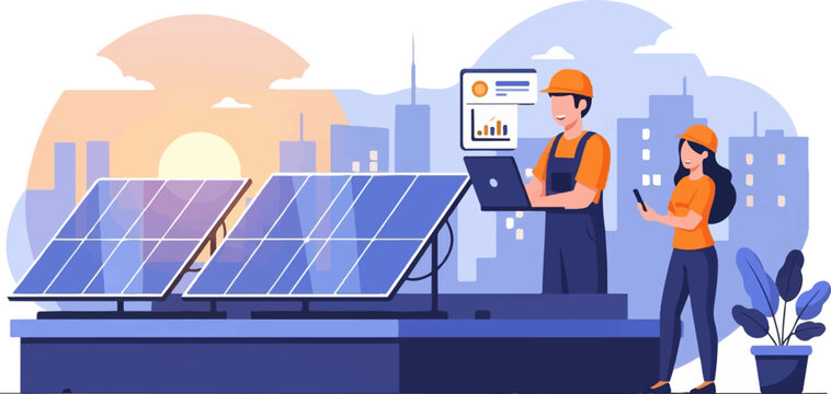 Solar panel installers work on rooftop with cityscape and sunset in background