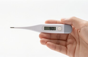 Close-up of a person's hand holding a white digital electronic thermometer for monitoring body temperature, indicating wellness or checking for fever and illness.