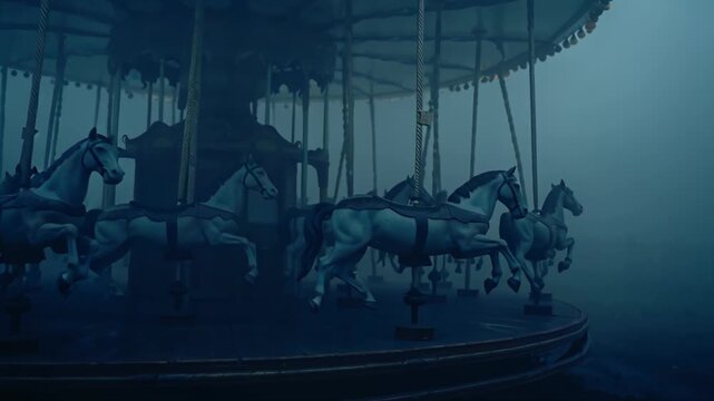 4K cinematic horror video, abandoned rusty carousel spinning alone dense fog, horses&rsquo; heads twitch unnaturally, faint children&rsquo;s laughter echoes fades, cold muted color broken flickering lights, ghost