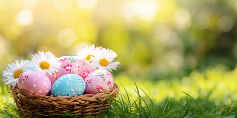 Obraz premium The Basket of Colorful Easter Eggs and Daisies in a Sunlit Meadow