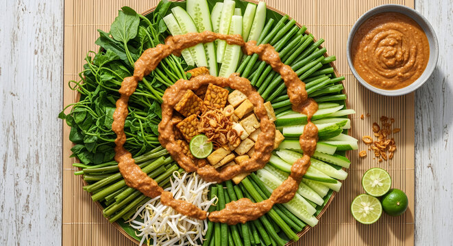 Fresh and colorful pecel Indonesian salad with clean flat lay style.