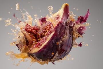 Organic explosion of ripe fig particles and purple skin fragments with juice droplets on grey background, high speed photography style