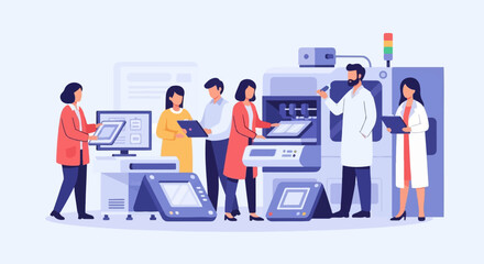 Obraz premium Scientists collaborate around complex machinery in a laboratory setting