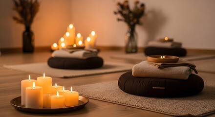 Serene spa setting with candles and towels
