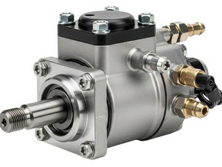 Close-up view of a mechanical component with various ports and connectors.