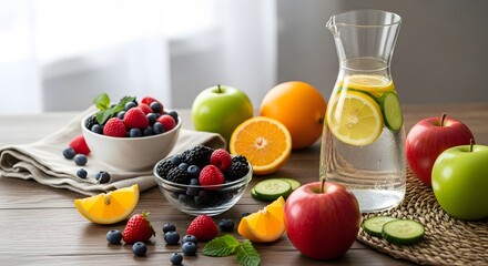 Fresh fruit and infused water on a wooden table