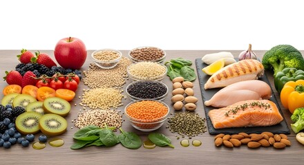 Variety of healthy foods for balanced diet and nutrition