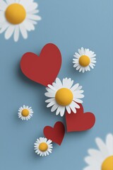 Obraz premium Red hearts and white daisies on blue background: romantic floral arrangement