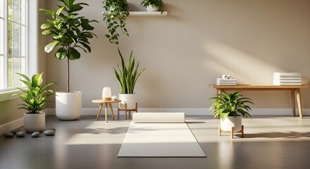 Serene indoor yoga space with lush greenery and natural light