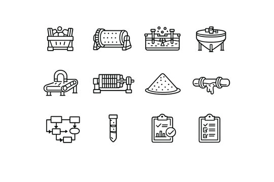 Mineral Processing. Line outline icon set of Mineral Processing: ore crusher, grinding mill,