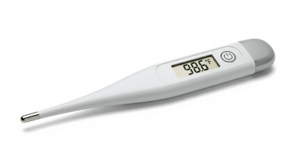 Digital thermometer isolated on white background showing clear temperature reading for medical, healthcare, and home health monitoring concept.