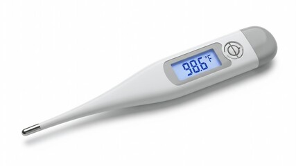 Digital thermometer isolated on white background showing clear temperature reading for medical, healthcare, and home health monitoring concept.