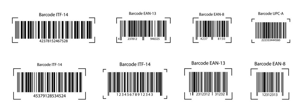 Barcode set of EAN-13, UPC, ITF symbols for store price tags. Realistic barcode icon. Scanner-ready designs with serial numbers, perfect for supermarket product labels and discount stickers.
