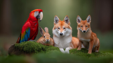 Fototapeta premium Brightly colored parrot, clever foxes, and a cuddly rabbit come together in a serene forest scene. Soft green moss underlines their bond, reflecting nature's beauty and peace