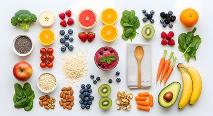 Vibrant fresh fruits and vegetables with healthy snacks