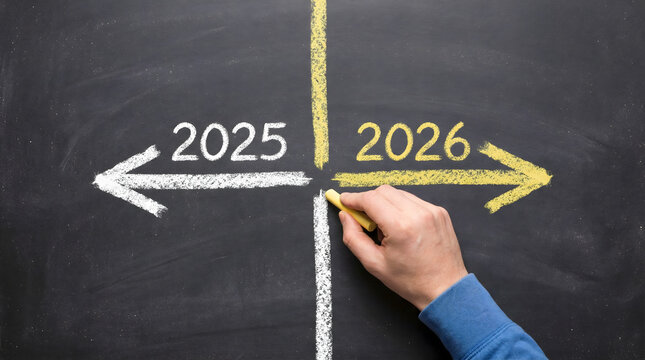 A hand draws a yellow chalk arrow pointing to the year 2026 on a dark blackboard with a white arrow showing 2025 symbolizing future decisions and stra