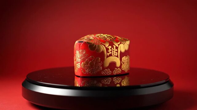 A luxurious gift box sits on a sleek black platform against a vibrant red background