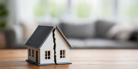 Miniature house model splitting into two pieces, representing concepts of home division, property separation, and real estate problems