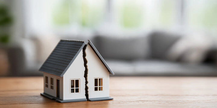 Miniature house model splitting into two pieces, representing concepts of home division, property separation, and real estate problems
