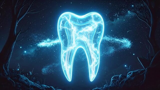 Glowing tooth illustration with intricate details, set against a dark, starry background.