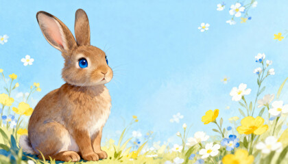 Fototapeta premium A cute brown rabbit with blue eyes in a spring meadow of wildflowers. Easter bunny illustration for the holiday season. Nature background with copy space
