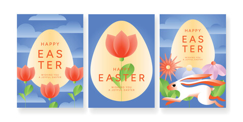Fototapeta premium Set of Happy Easter greeting posters with bunny rabbit, egg shape, tulips and clouds on blue sky background. Holiday card collection. Flat vector illustration for poster, greeting card, promo, sale