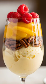 Gourmet layered parfait with  raspberries, mango, pecans on vanilla ice cream