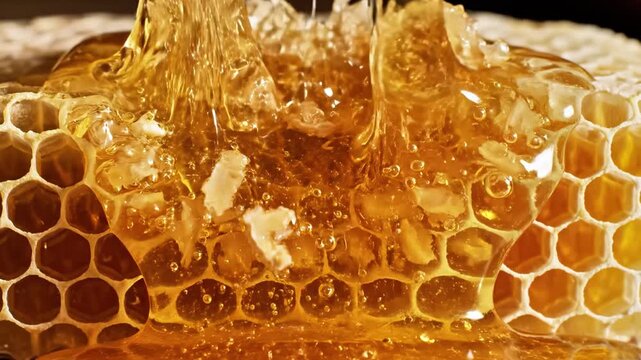 A close-up shot of a honeycomb dripping with golden honey, highlighting its intricate structure and viscosity