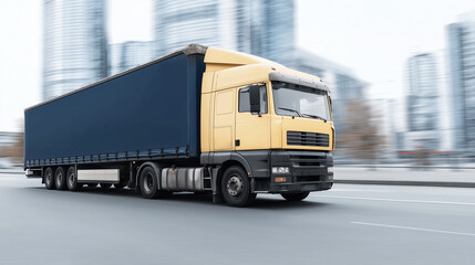 Truck transport service moving merchandise on urban highway. Logistics, freight shipping, and commercial delivery concept
