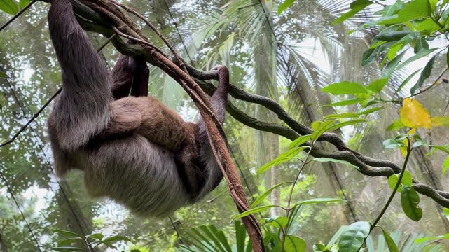 Mother Sloth Carrying Baby While Hanging From Vines in Tropical Rainforest