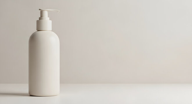 Minimalist white pump bottle on neutral background for personal care products