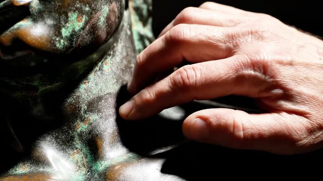 A human hand gently touches the verdigris-covered shoulder of a bronze statue of a person