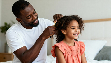 Obraz premium Happy Black father combing his young daughter's curly hair. Loving dad and child sharing a tender moment of family care at home