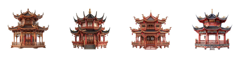 Fototapeta premium Elaborate Traditional Chinese Pavilion Architecture with Red and Gold Accents isolated on transparent background