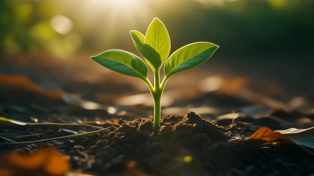 A young plant grows from the earth surrounded by fallen leaves with sunlight shining through