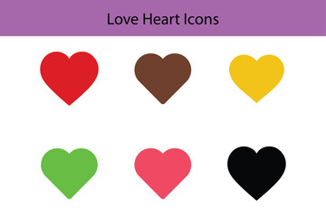 A collection of six colorful love heart icons in different colors isolated on white background