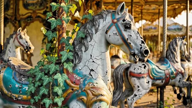 A close-up view of a row of weathered carousel horses