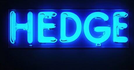 Bright blue neon sign spells HEDGE. Rectangular shape, dark background creates strong contrast. Simple, modern aesthetic.