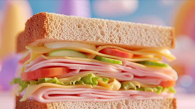 Delicious Layered Ham and Cheese Sandwich Pastel Background