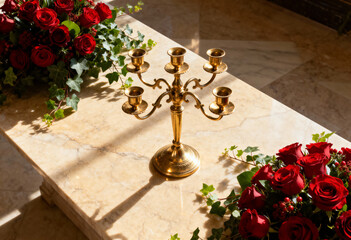 Fototapeta premium Elegant golden candelabra with red roses on a marble table. Formal decoration for a wedding or funeral ceremony
