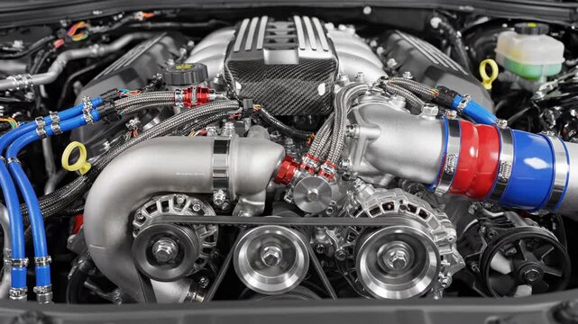 Closeup of a highperformance car engine with colorful hoses and shiny metal components