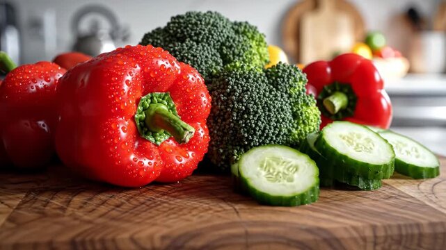 Assortment of fresh vegetables on a wooden cutting board on a kitchen countertop