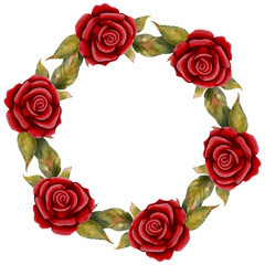 Fototapeta premium Watercolor wreath of red roses and leaves. Hand drawn floral frame for romantic designs, wedding invitations, greeting cards, posters, branding and holiday decor.