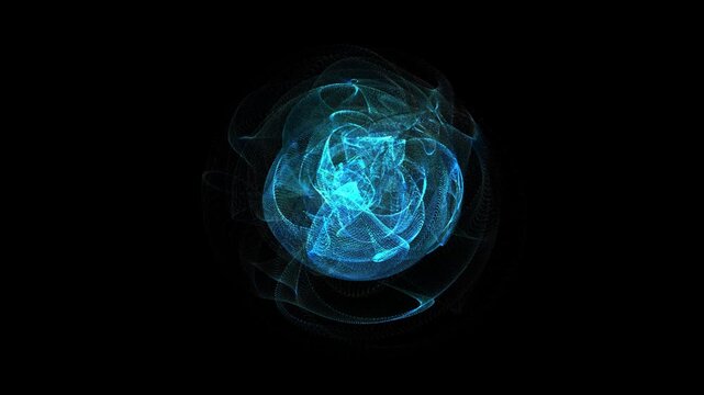 Neon  Blue Energy Sphere Animation with QuickTime Alpha Channel, Microparticle Waves, Stars, Rays, Cosmic Matter, Rotating Dots, Life Creation, Universe Background for Logo, Tech, Medicine, 4K
