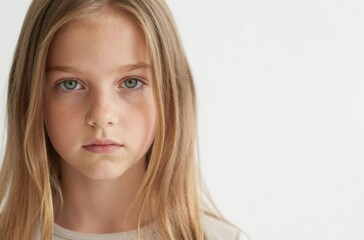 Portrait of a Blond Girl with Striking Eyes Looking Directly at the Camera on White